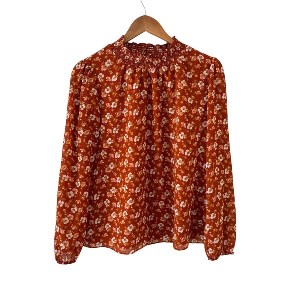 J.Crew Smocked Mock Neck Top Womens S Orange‎ Floral Boho Classic Preppy Office